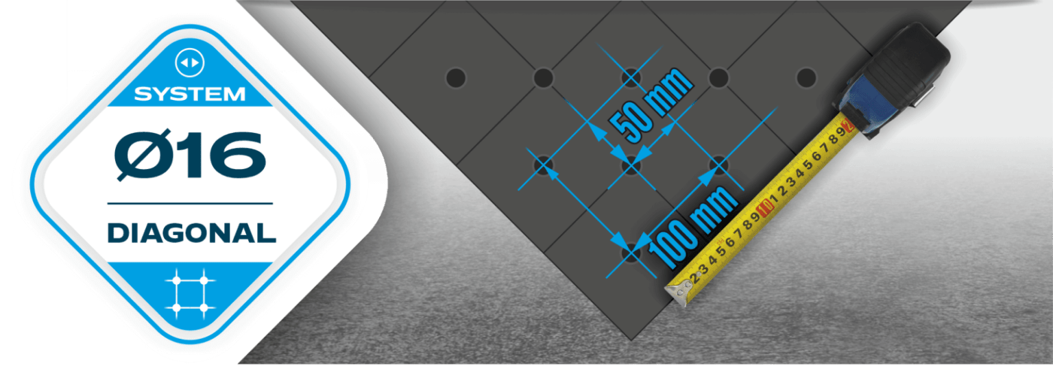 Sistema de orificios de ⌀16 mm en una cuadrícula diagonal