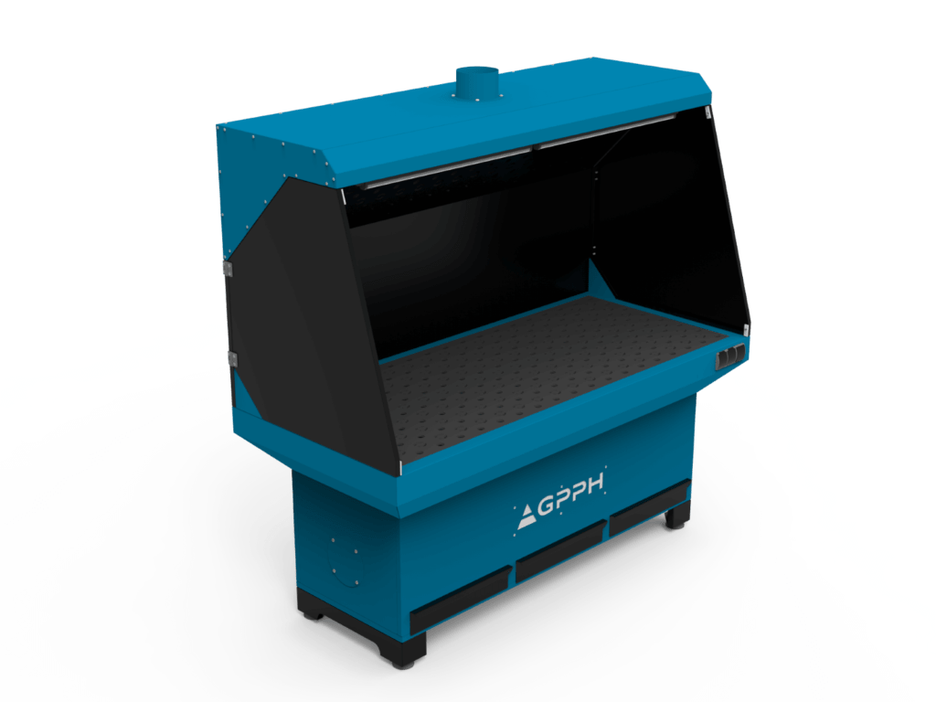 Stanowisko szlifiersko-odciągowe, szerokie, podstawa z odciągiem górnym