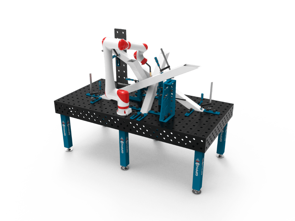 Tradycyjny stół spawalniczy PRO 240x120 cm z ułożoną na nim konstrukcją i COBOTEM