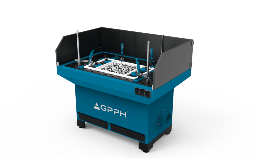 Stanowisko szlifiersko-odciągowe, szerokie, podstawa z odciągiem górnym