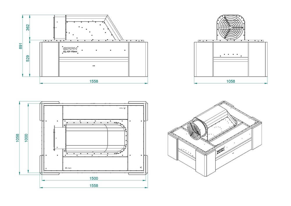 IQ Air Flow Okap spawalniczy z wentylatorem 1500x1000 mm rysunek techniczny