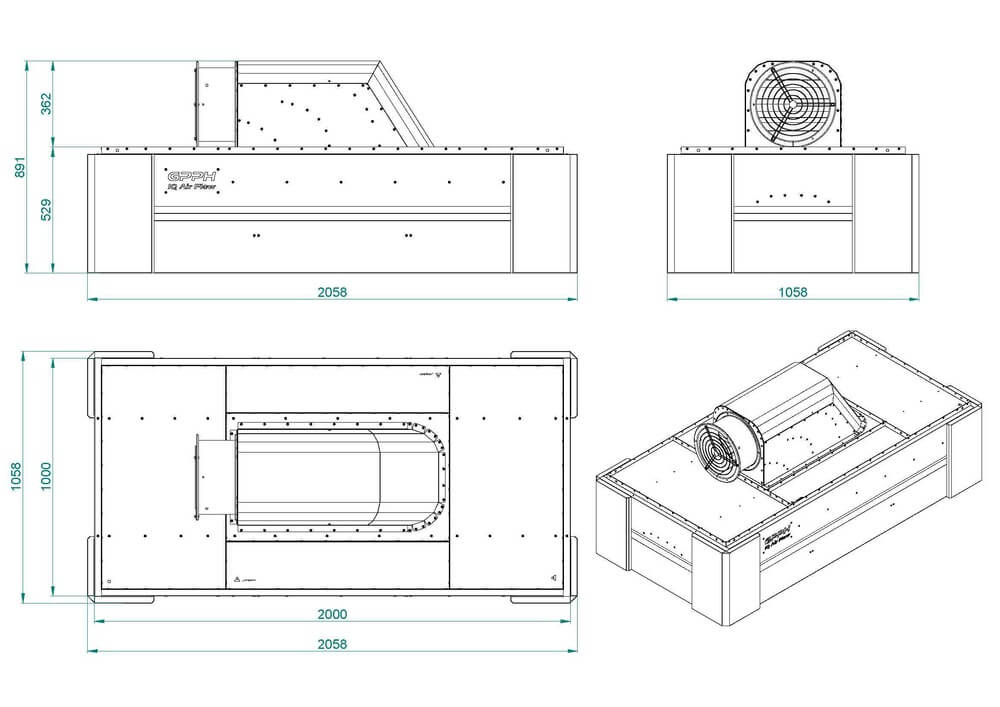 IQ Air Flow Okap spawalniczy z wentylatorem 2000x1000 mm rysunek techniczny