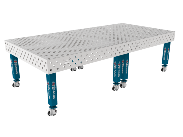Stół Spawalniczy PRO INOX 3000 x 1480 mm Siatka - diagonalna, System - Φ28, Nogi - Na kołach, Blat - Blat PRO INOX