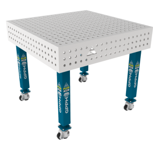 Stół Spawalniczy PLUS INOX 1000 x 1000 mm Siatka - 50x50mm, System - Φ16, Nogi - Na kołach, Blat - Blat PLUS INOX