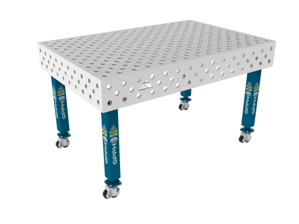 Stół Spawalniczy PLUS INOX 1500 x 1000 mm Siatka - diagonalna, System - Φ28, Nogi - Na kołach, Blat - Blat PLUS INOX
