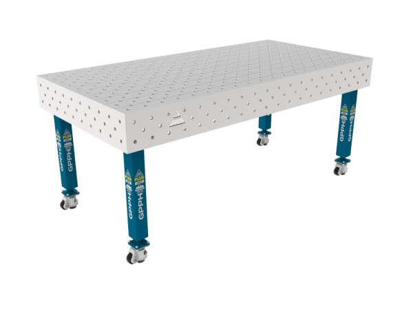 Stół Spawalniczy PLUS INOX 2000 x 1000 mm Siatka - diagonalna, System - Φ16, Nogi - Na KOŁACH, Blat - Blat PLUS INOX