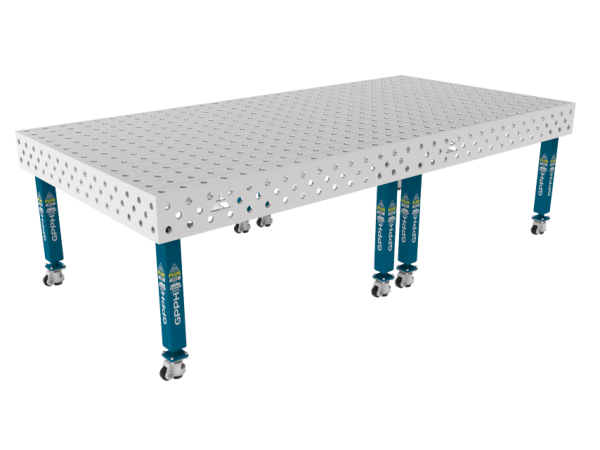 Stół Spawalniczy PLUS INOX 3000 x 1480 mm Siatka - 100x100mm, System - Φ28, Nogi - Na kołach, Blat - Blat PLUS INOX