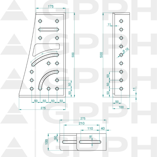 Kątownik 275x500x175x100mm, System - Φ16, Seria - PLUS rysunek techniczny