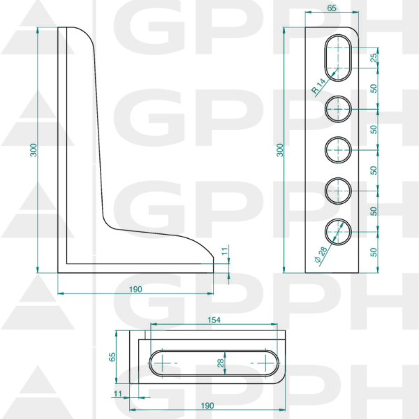 Kątownik 300x190mm, System - Φ28, Seria - PLUS rysunek techniczny