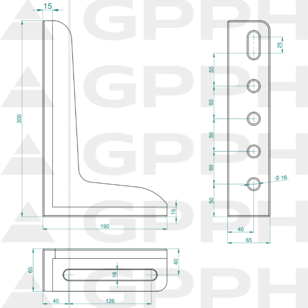 Kątownik 300x190mm, System - Φ16, Seria - PRO rysunek techniczny