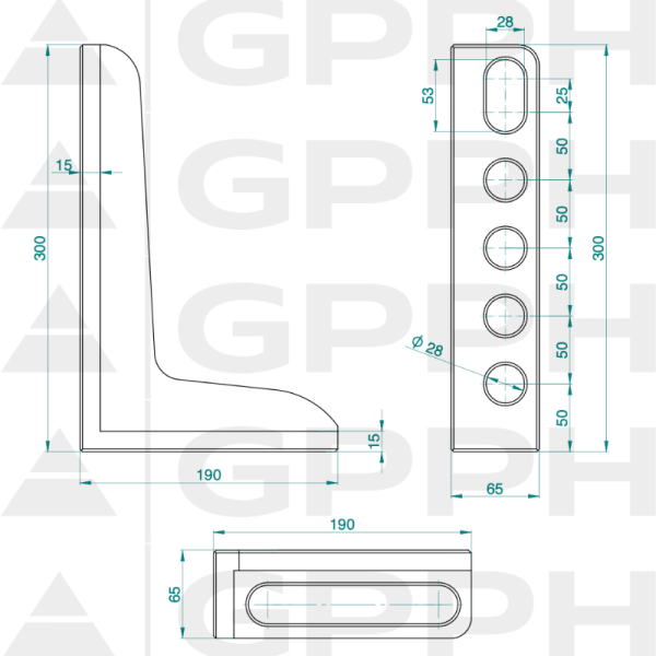 Kątownik 300x190mm, System - Φ28, Seria - PRO rysunek techniczny