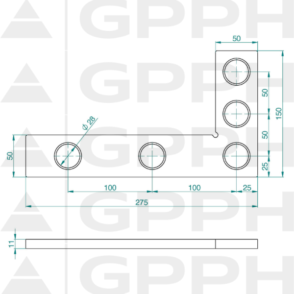 Winkiel płaski 275x150mm, System - Φ28, Seria - PLUS rysunek techniczny