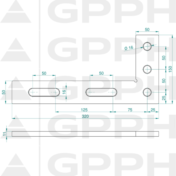 Winkiel płaski 320x150mm, System - Φ16, Seria - PLUS rysunek techniczny