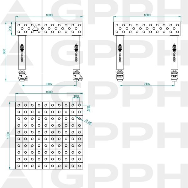 Stół Spawalniczy PRO Rozmiar - 1000x1000mm, Siatka - 100x100mm, System - Φ28, Nogi - Na kołach Rysunek techniczny