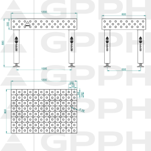 Stół Spawalniczy PRO Rozmiar - 1200x800mm, Siatka - diagonalna, System - Φ28, Nogi - Na stopach Rysunek techniczny
