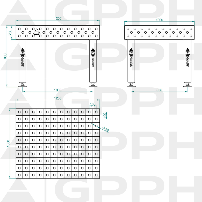 Hegesztőasztal PRO mérete – 1200x1000 mm, háló – 100x100 mm, rendszer – Φ28, lábak – talpakon Műszaki rajz