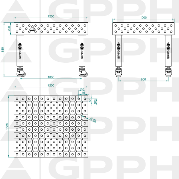 Stół Spawalniczy PRO Rozmiar - 1200x1000mm, Siatka - diagonalna, System - Φ28, Nogi - Na kołach Rysunek techniczny
