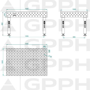 Stół Spawalniczy PRO Siatka - 100x100mm, System - Φ28, Rozmiar - 1500x1000mm, Nogi - Na stopach Rysunek techniczny