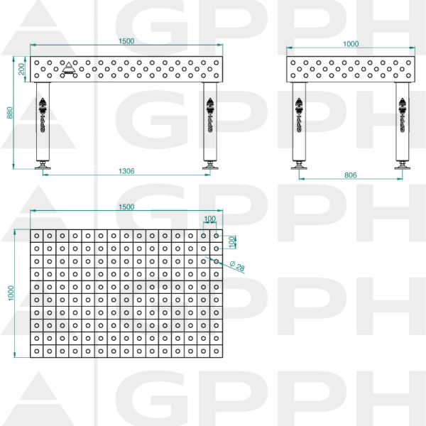 Stół Spawalniczy PRO Siatka - 100x100mm, System - Φ28, Rozmiar - 1500x1000mm, Nogi - Na stopach Rysunek techniczny