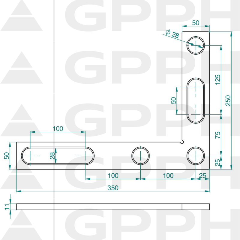 Ravni kutnik 350×250 mm, sustav – Φ28, serija – PLUS