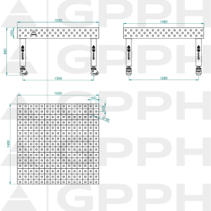 Stół Spawalniczy PRO Siatka - 100x100mm, System - Φ28, Rozmiar - 1500x1480mm, Nogi - Na kołach Rysunek techniczny
