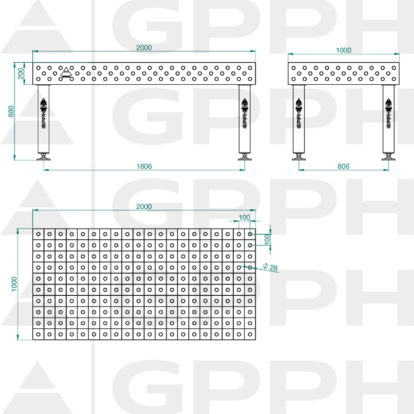 Stół Spawalniczy PRO Siatka - 100x100mm, System - Φ28, Rozmiar - 2000x1000mm, Nogi - Na stopach Rysunek techniczny