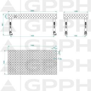 Stół Spawalniczy PRO Siatka - 100x100mm, System - Φ28, Rozmiar - 2000x1000mm, Nogi - Na kołach Rysunek techniczny