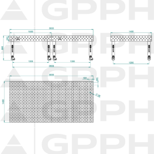 Stół Spawalniczy PRO Rozmiar - 3000x1480mm, Siatka - 100x100mm, System - Φ28, Nogi - Na kołach Rysunek techniczny