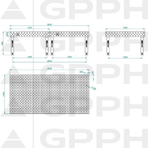 Stół Spawalniczy PRO Rozmiar - 3000x1480mm, Siatka - 100x100mm, System - Φ28, Nogi - Na stopach Rysunek techniczny