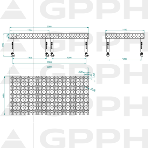 Stół Spawalniczy PRO Rozmiar - 3000x1480mm, Siatka - diagonalna, System - Φ28, Nogi - Na kołach Rysunek techniczny