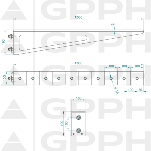 Przedłużenie 1000x100mm, Siatka - 100x100mm, System - Φ16, Seria - PLUS| Rysunek techniczny