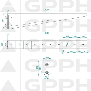Przedłużenie 1000x100mm, Siatka - 100x100mm, System - Φ16, Seria - PRO| Rysunek techniczny