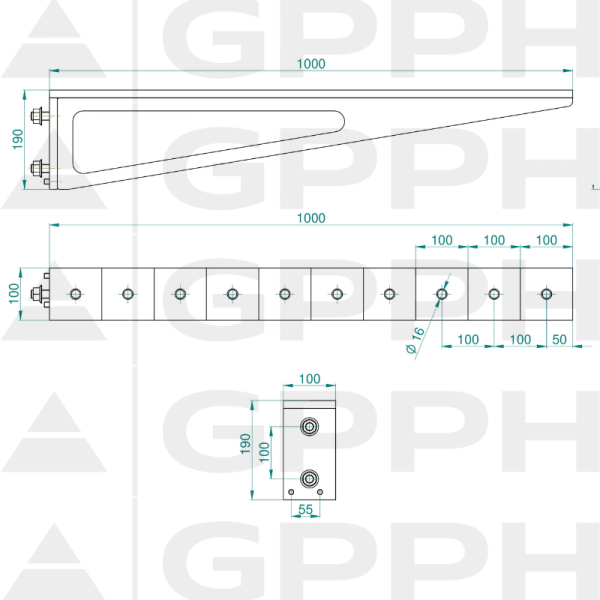 Przedłużenie 1000x100mm, Siatka - 100x100mm, System - Φ16, Seria - PRO| Rysunek techniczny