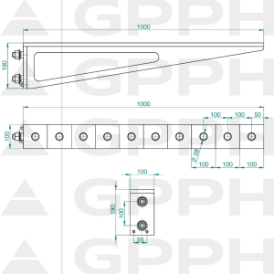 Przedłużenie 1000x100mm, Siatka - 100x100mm, System - Φ28, Seria - PRO| Rysunek techniczny
