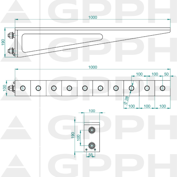Przedłużenie 1000x100mm, Siatka - 100x100mm, System - Φ28, Seria - PRO| Rysunek techniczny