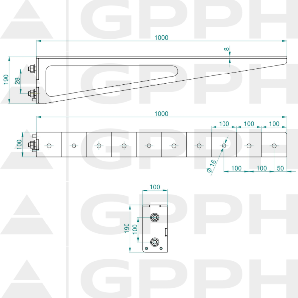 Przedłużenie 1000x100mm, Siatka - 100x100mm, System - Φ16, Seria - ECO| Rysunek techniczny
