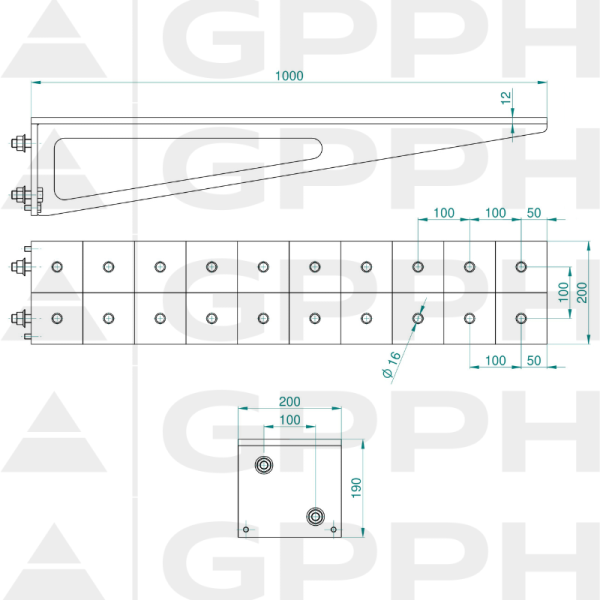 Przedłużenie 1000x200mm, Siatka - 100x100mm, System - Φ16, Seria - PLUS | Rysunek techniczny