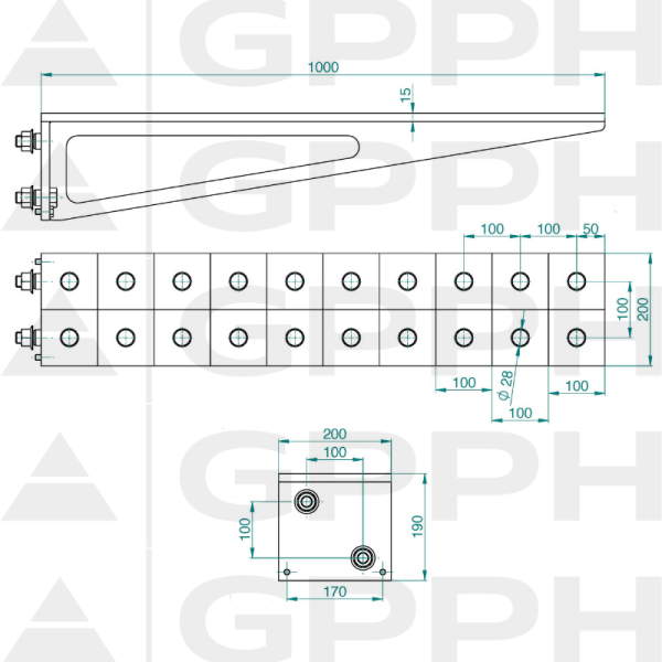Przedłużenie 1000x200mm, Siatka - 100x100mm, System - Φ28, Seria - PRO | Rysunek techniczny