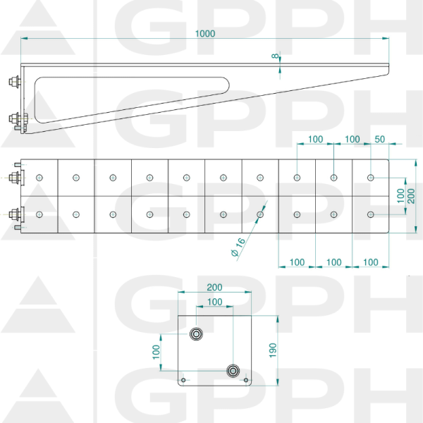 Przedłużenie 1000x200mm, Siatka - 100x100mm, System - Φ16, Seria - ECO | Rysunek techniczny