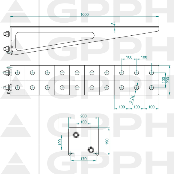 Przedłużenie 1000x200mm, Siatka - 100x100mm, System - Φ28, Seria - ECO | Rysunek techniczny