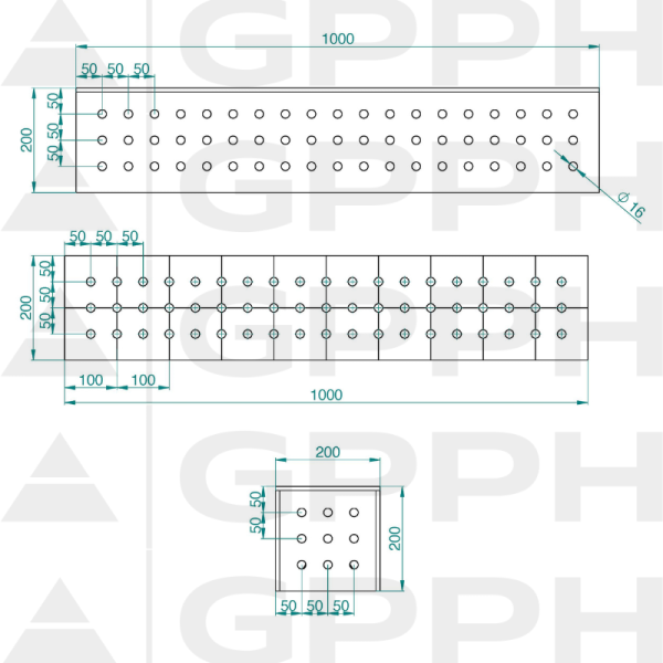 Block 1000x200x200mm, Mesh - 50x50mm, System - Φ16, For table - ECO technical drawing