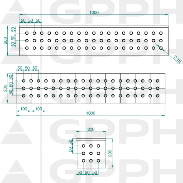 Block 1000x200x200mm, Mesh - 50x50mm, System - Φ16, For table - PLUS technical drawing