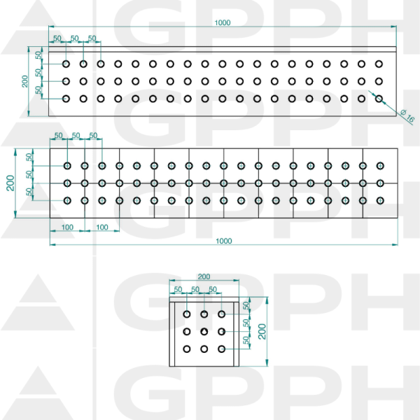 Block 1000x200x200mm, Mesh - 50x50mm, System - Φ16, For table - PRO technical drawing