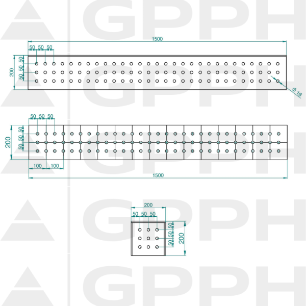 Kostka 1500x200x200mm, Siatka - 50x50mm, System - Φ16, Dla stołu - ECO rysunek techniczny
