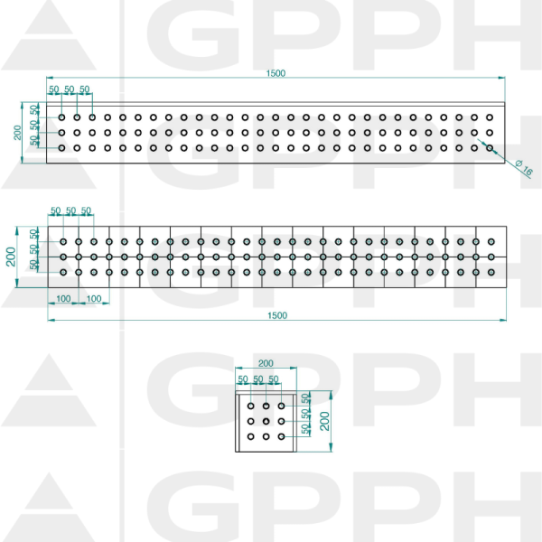Kostka 1500x200x200mm, Siatka - 50x50mm, System - Φ16, Dla stołu - PLUS rysunek techniczny