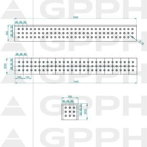 Kostka 1500x200x200mm, Siatka - 50x50mm, System - Φ16, Dla stołu - PRO rysunek techniczny