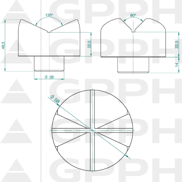 Pryzma Φ58mm 130°/90° system fi28 mm rysunek techniczny