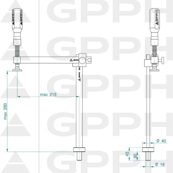 Zacisk mocujący z regulowanym wysięgiem GPPH fi16 mm - rysunek techniczny