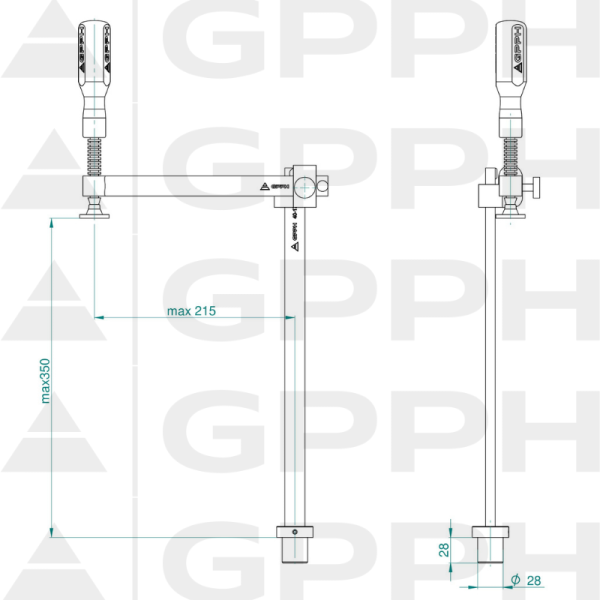 Zacisk mocujący z regulowanym wysięgiem GPPH fi28 mm - rysunek techniczny
