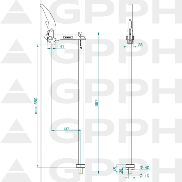 Fastening clamp with lever long GPPH, diameter 16 mm - technical drawing